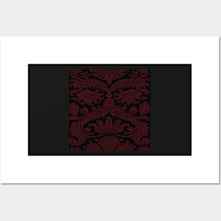 Burgundy on Black Gothic Royal Medieval Damask Scrolls Posters and Art